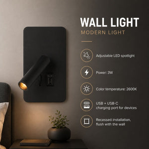 Aplique de pared "NORU" - 3W - 2600K - USB+USB-C - Empotrable | | Barcelona Led