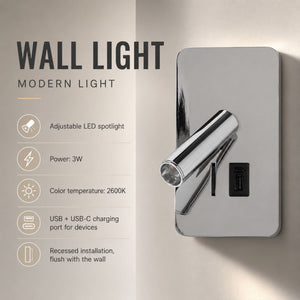 Aplique de pared "NORU" - 3W - 2600K - USB+USB-C - Empotrable (37)