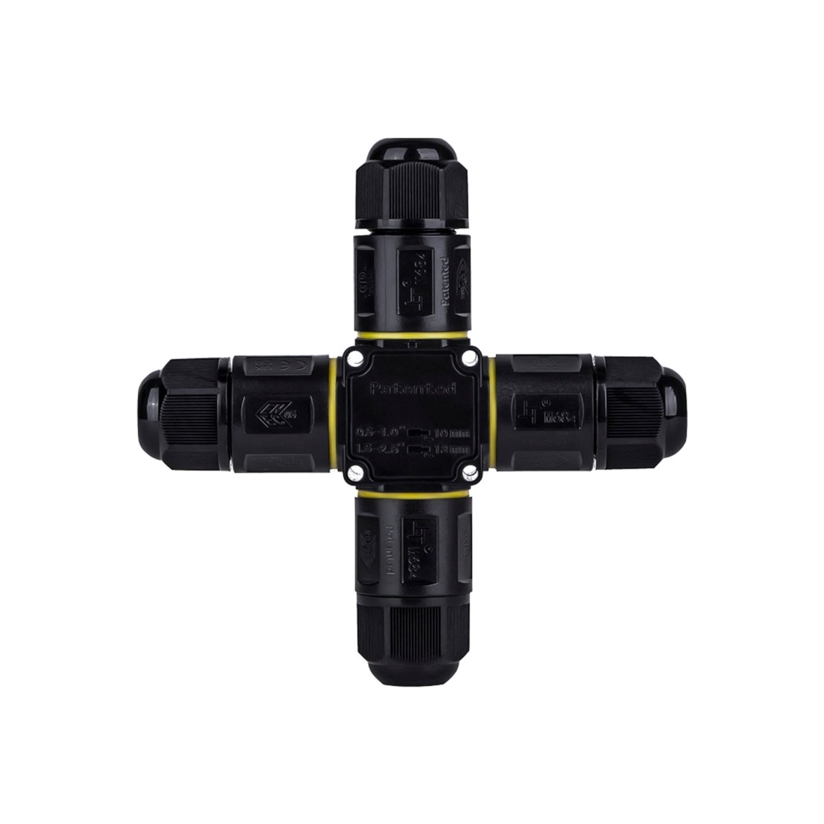 Conector impermeable en X - 3P - IP68 - 0,5-2,5mm² - 24A - T105 - Barcelona Led-Material eléctrico