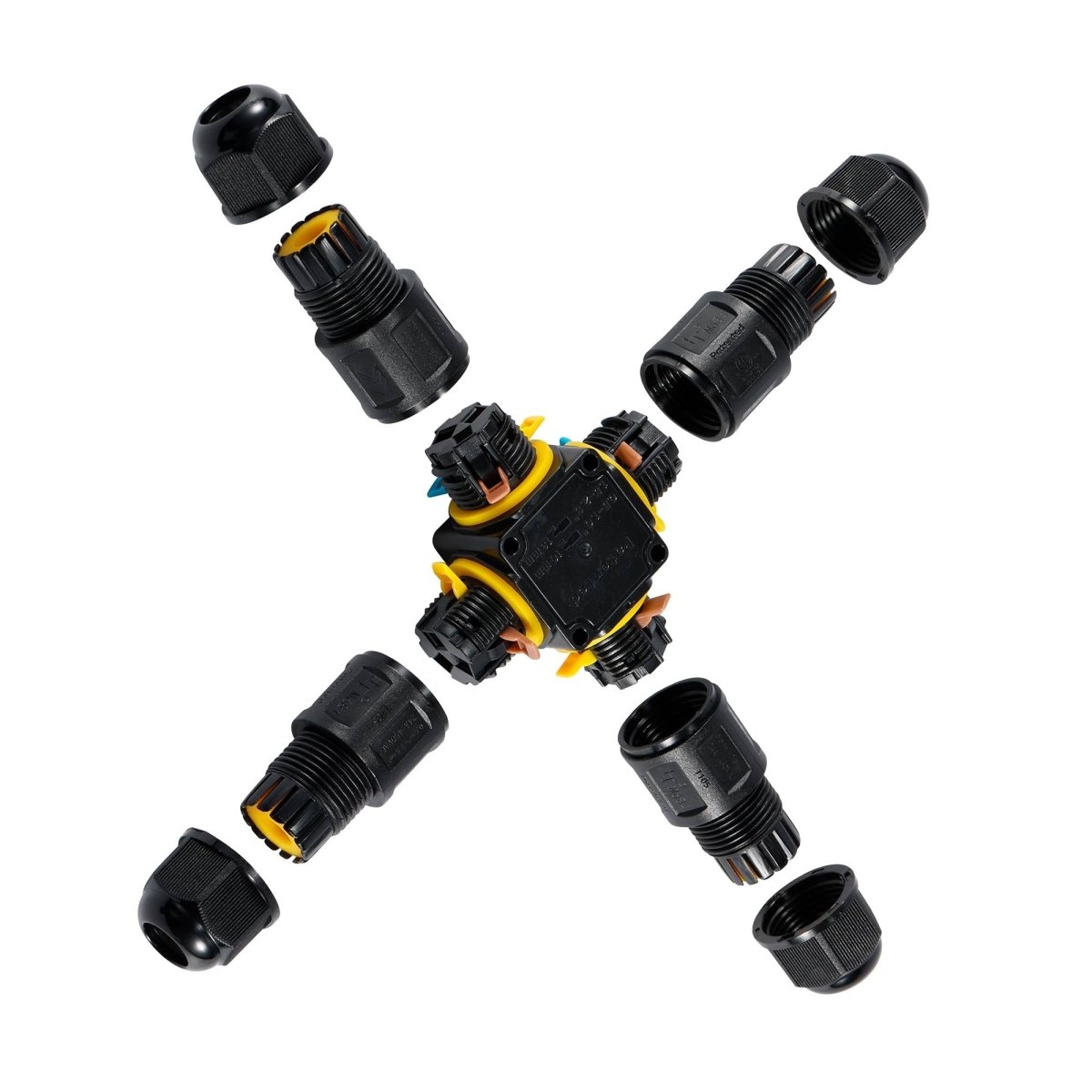 Conector impermeable en X - 3P - IP68 - 0,5-2,5mm² - 24A - T105 - Barcelona Led-Material eléctrico