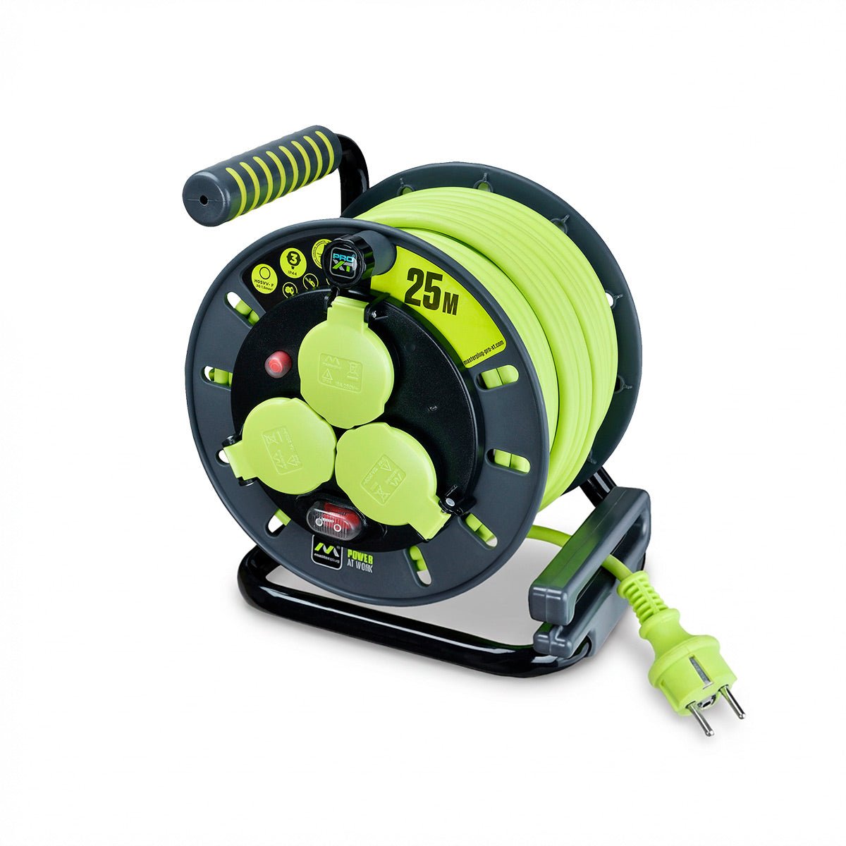 Enrollacables Pro-XT - 3 tomas - Cable alta visibilidad 3x1,5mm2 - 25m - IP44 - Barcelona Led-Material eléctrico