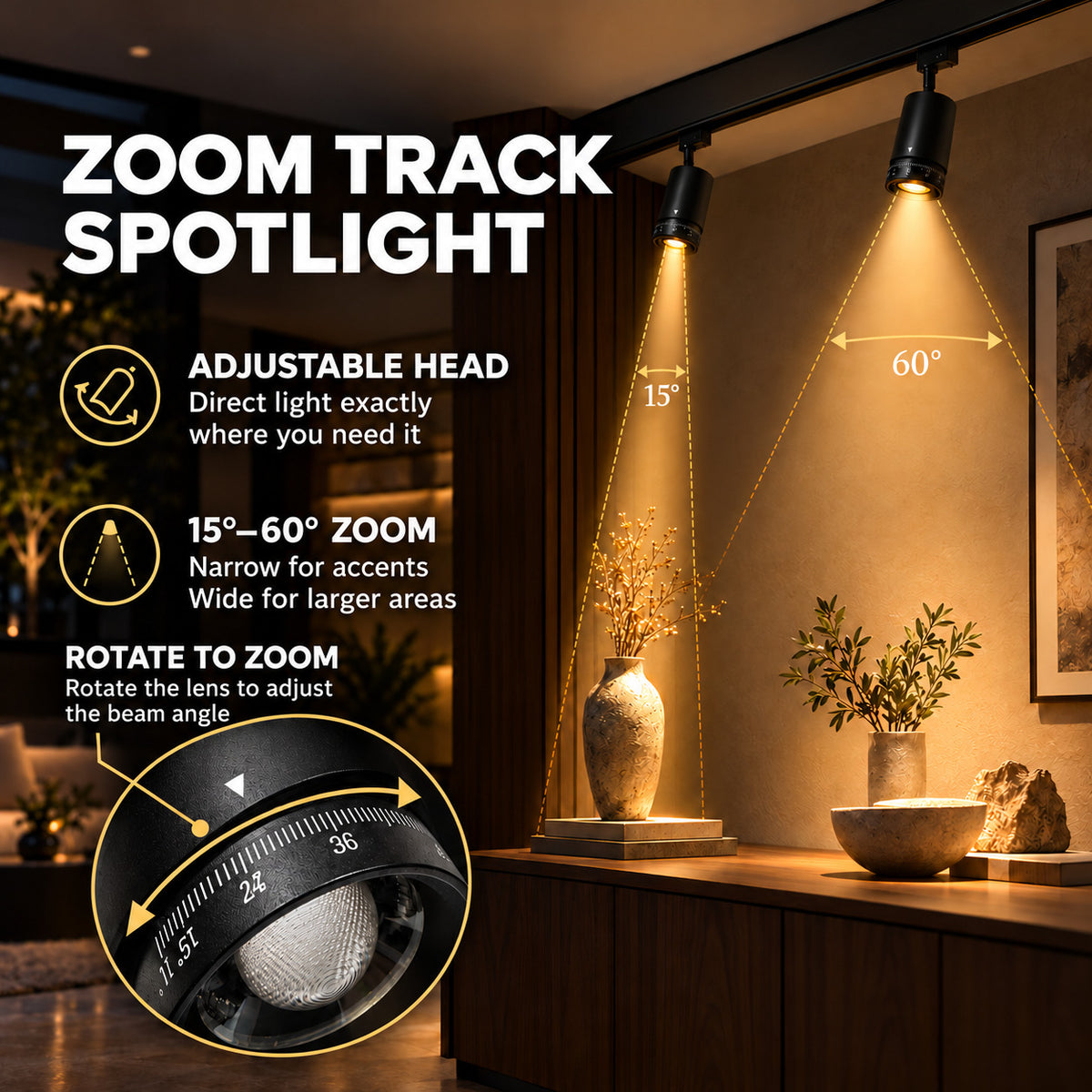 Foco LED para carril magnético con Zoom 15-60º - 48V - 12W (1)