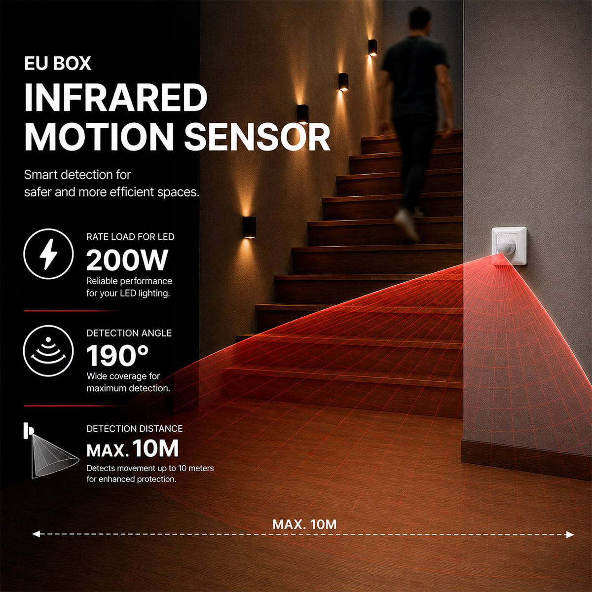 Sensor de movimiento PIR - Empotrable - 190º - 200W - IP20 (1)