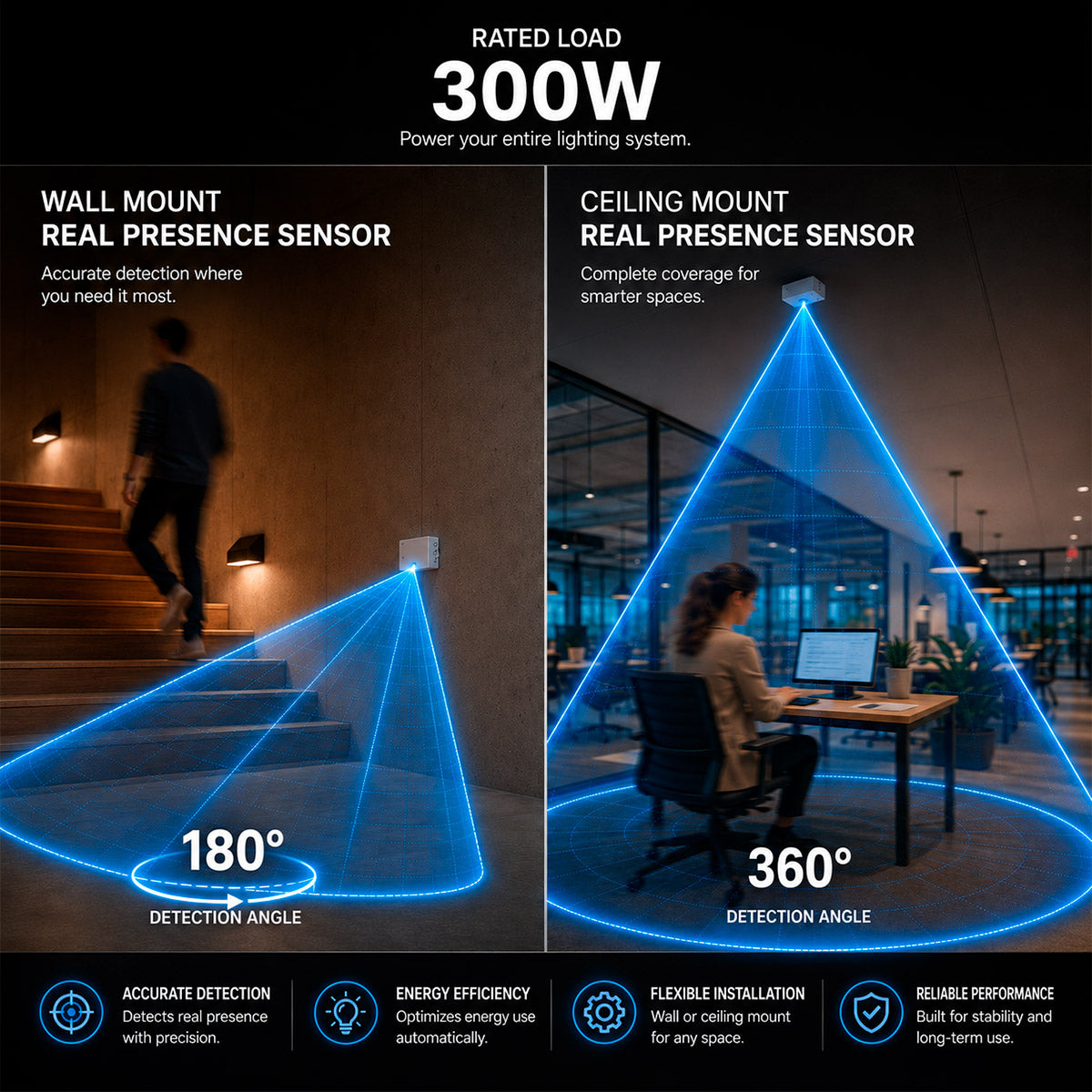 Sensor de presencia microondas - Conexión frontal - 180°/360° - 300W - IP20 (1)