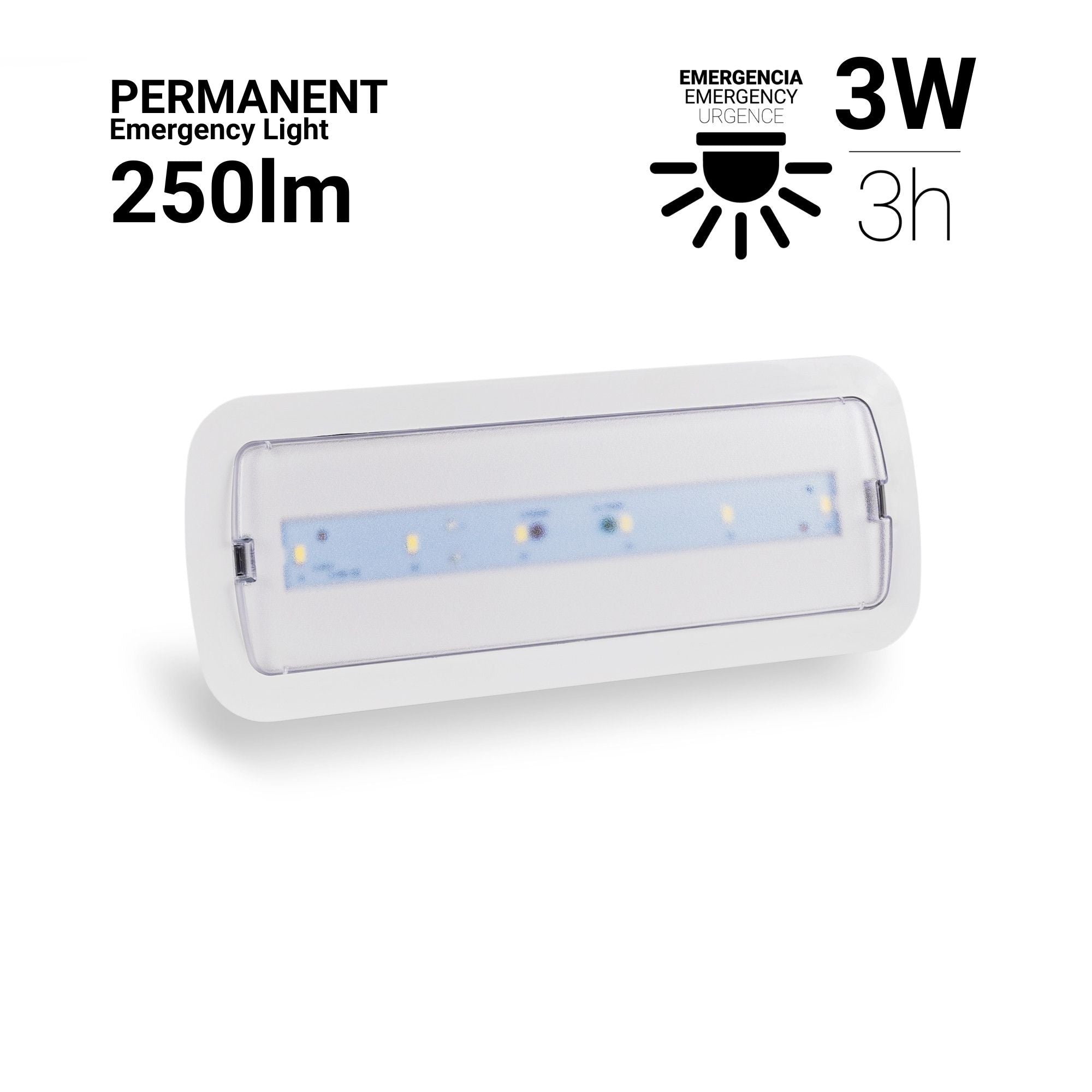 Luz de emergencia permanente 3W - 250lm - 3 h de autonomía