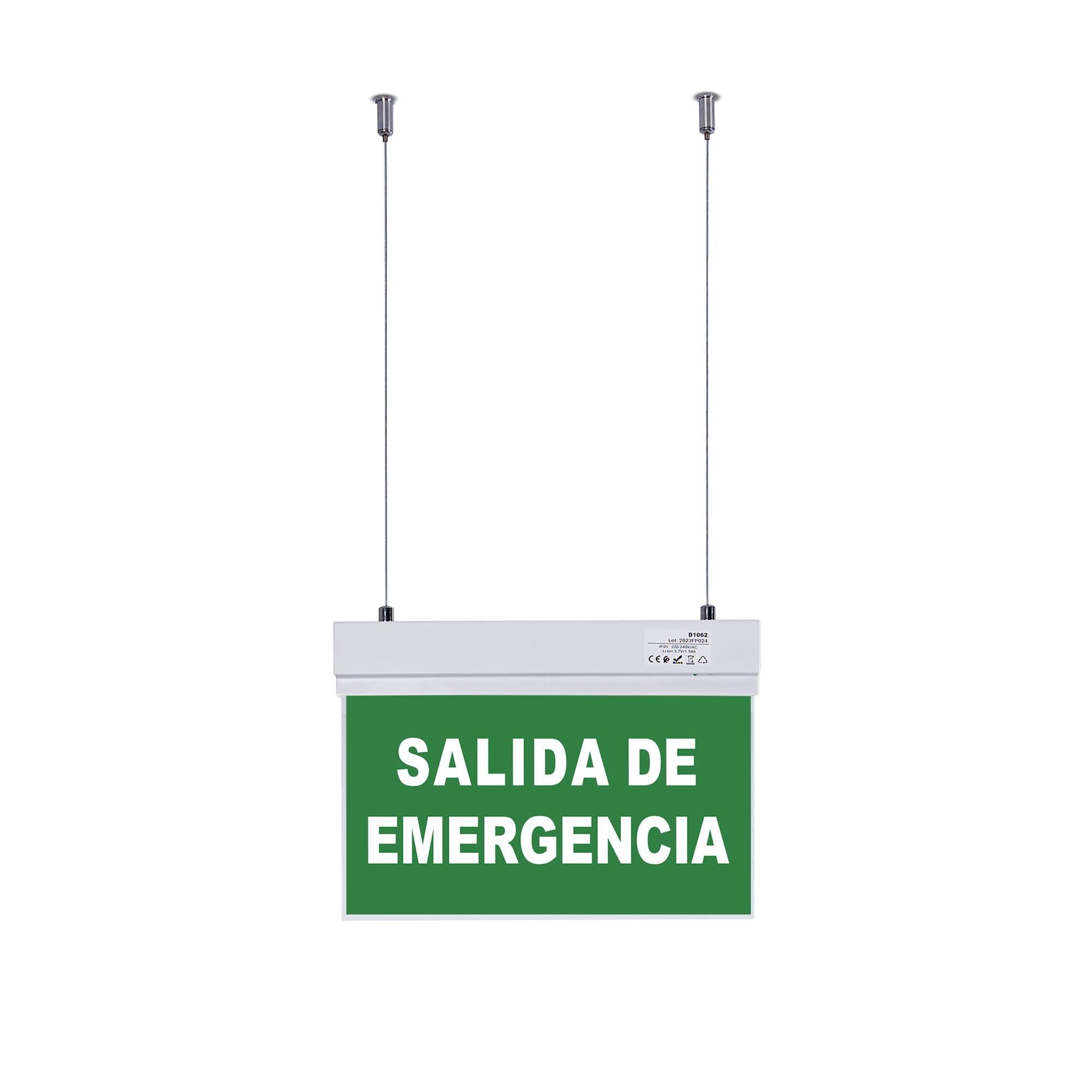 Luz de emergencia permanente con cartel "SALIDA DE EMERGENCIA" - Suspensión
