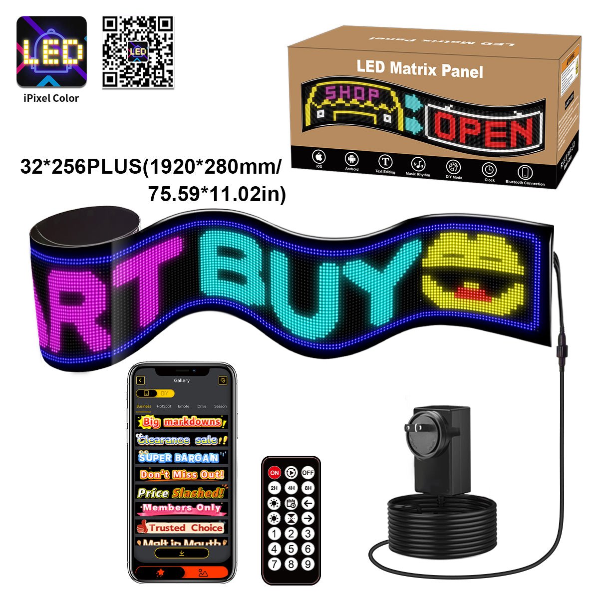 Display LED flexible programable - 192 x 28 cm - USB + Bluetooth + mando a distancia - Barcelona Led-Signage