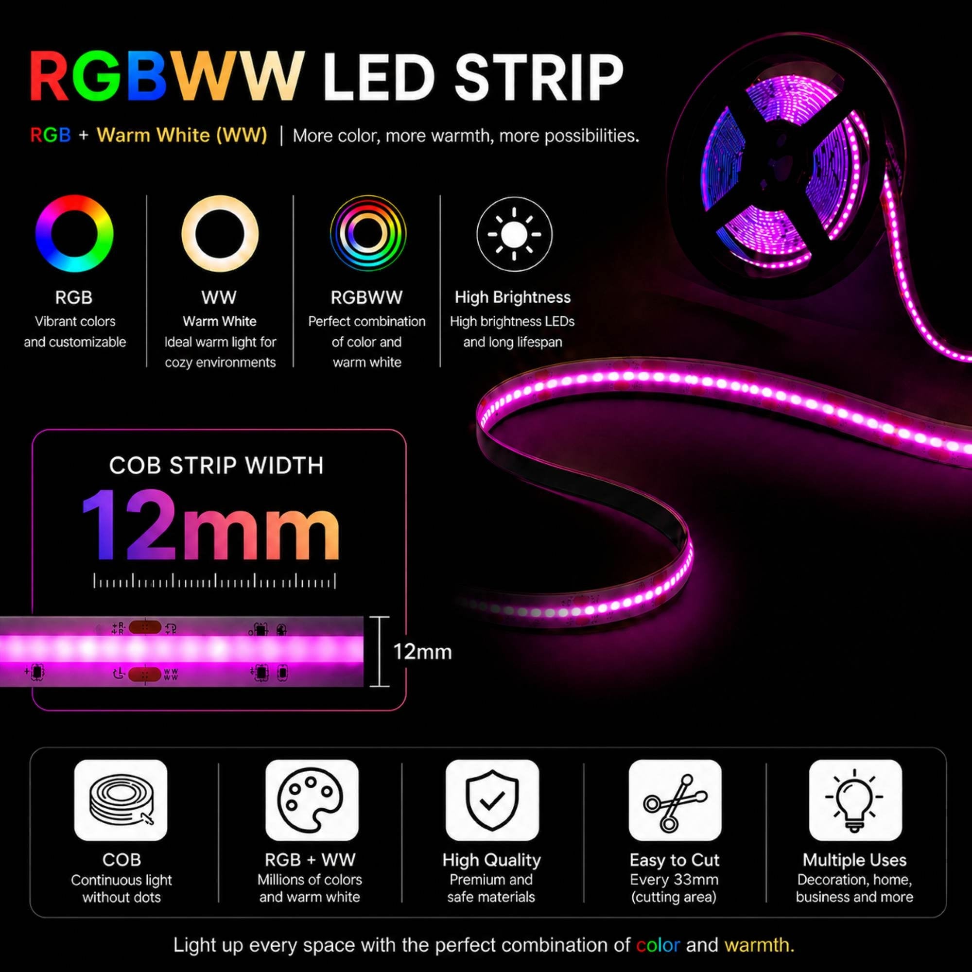 Tira LED COB 24V DC - RGBWW - 19W/m - 12mm - IP20 - Rollo de 5 metros - Corte 33mm (1)