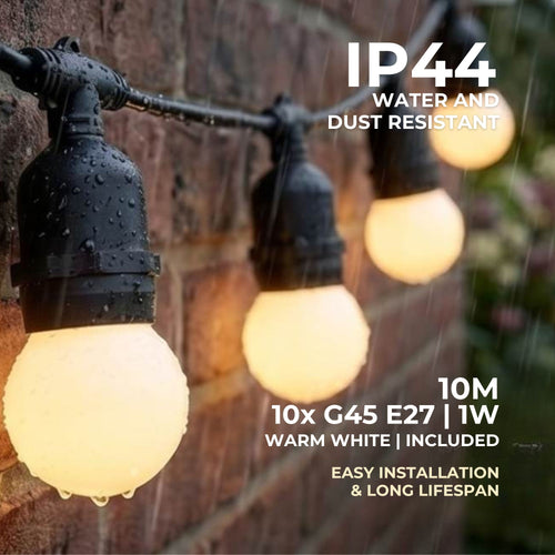 Lichterkette für den Außenbereich – 10 E27 1W LED-Lampen – Warmweiß – 10 m – IP44