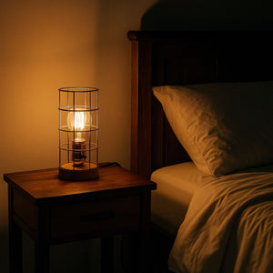 Lámpara vintage de mesa de estilo industrial madera y rejilla "GREGOR" - Barcelona Led-Decoración