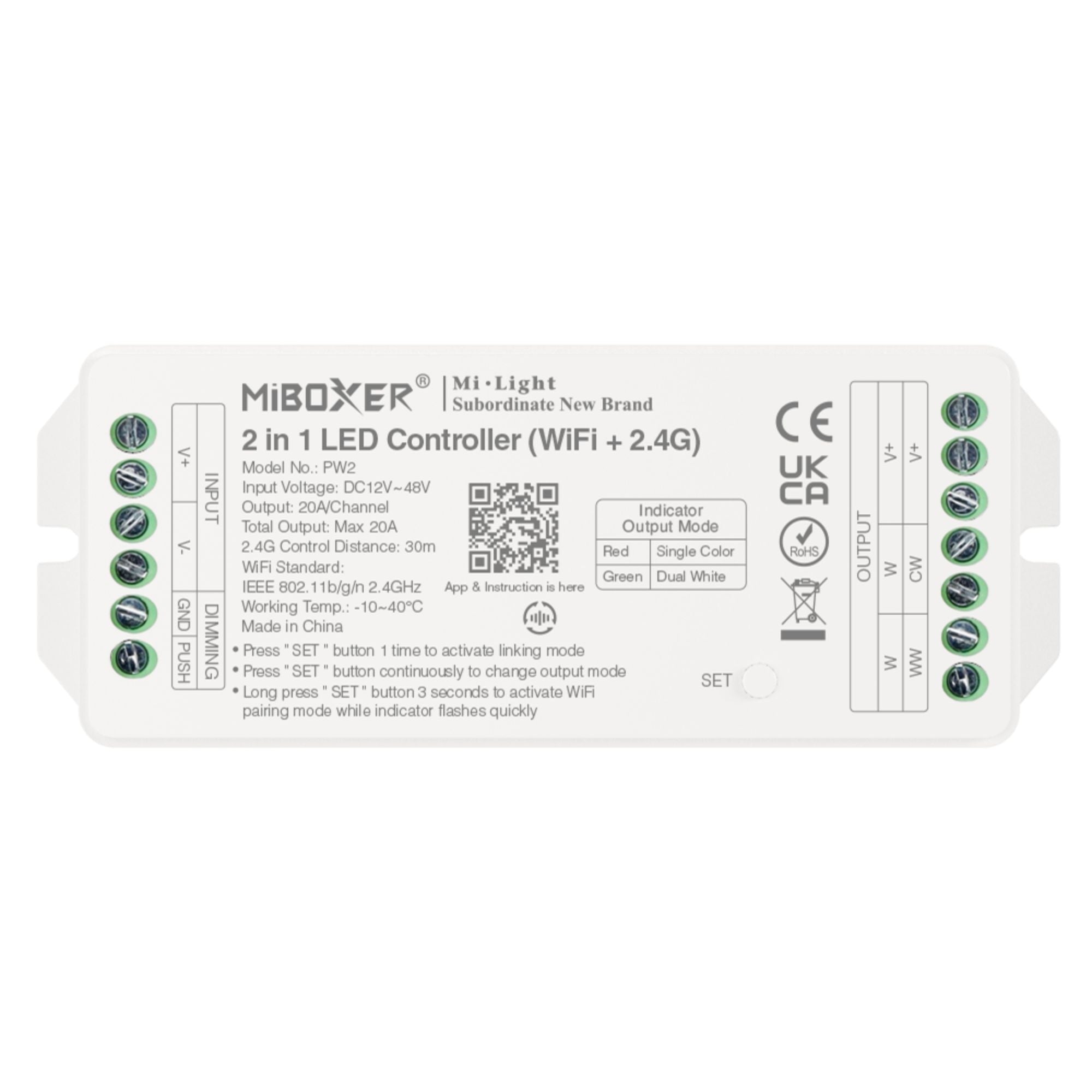 Controlador tira LED 2 en 1 - Monocolor/Dual White - 12/48VDC - 20A - 2.4G - WiFi - Milight