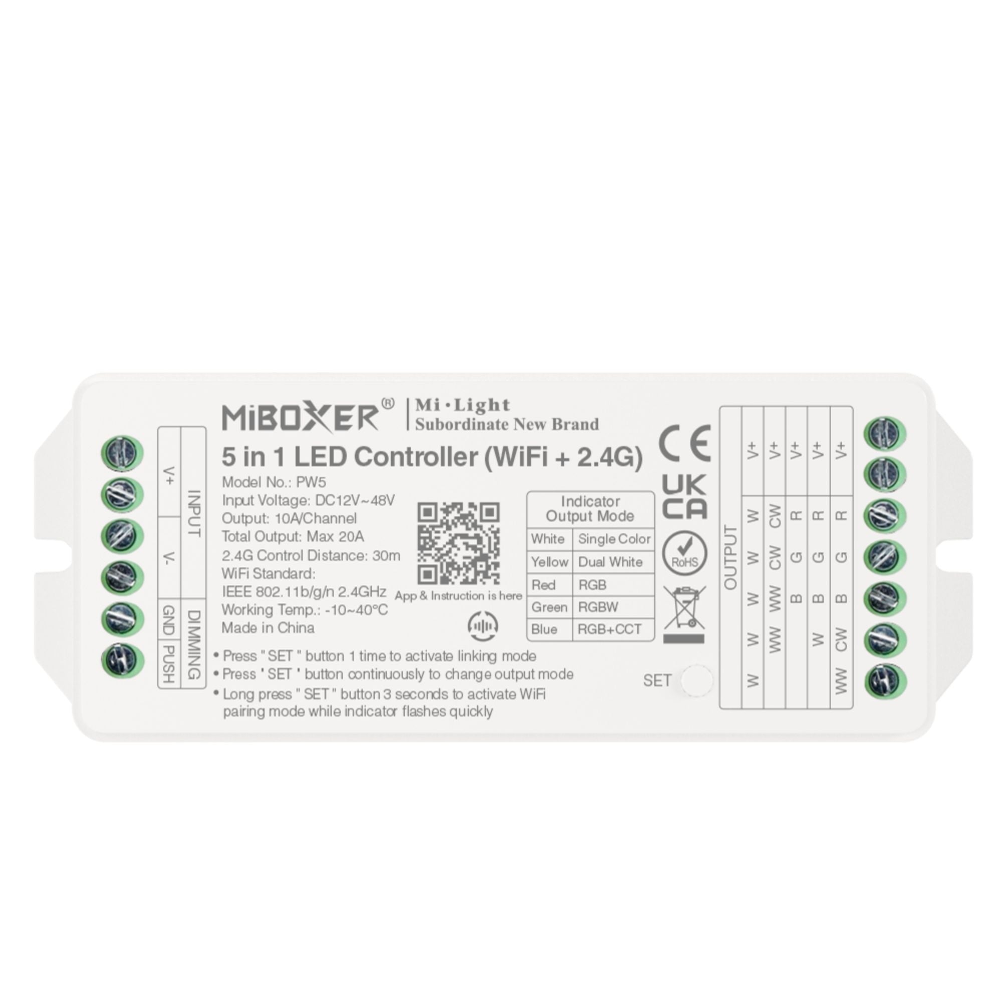 Controlador tira LED 5 en 1 - Monocolor/Dual White/RGB/RGBW/RGBCCT - 12/48VDC - 20A - 2.4G - WiFi - Milight