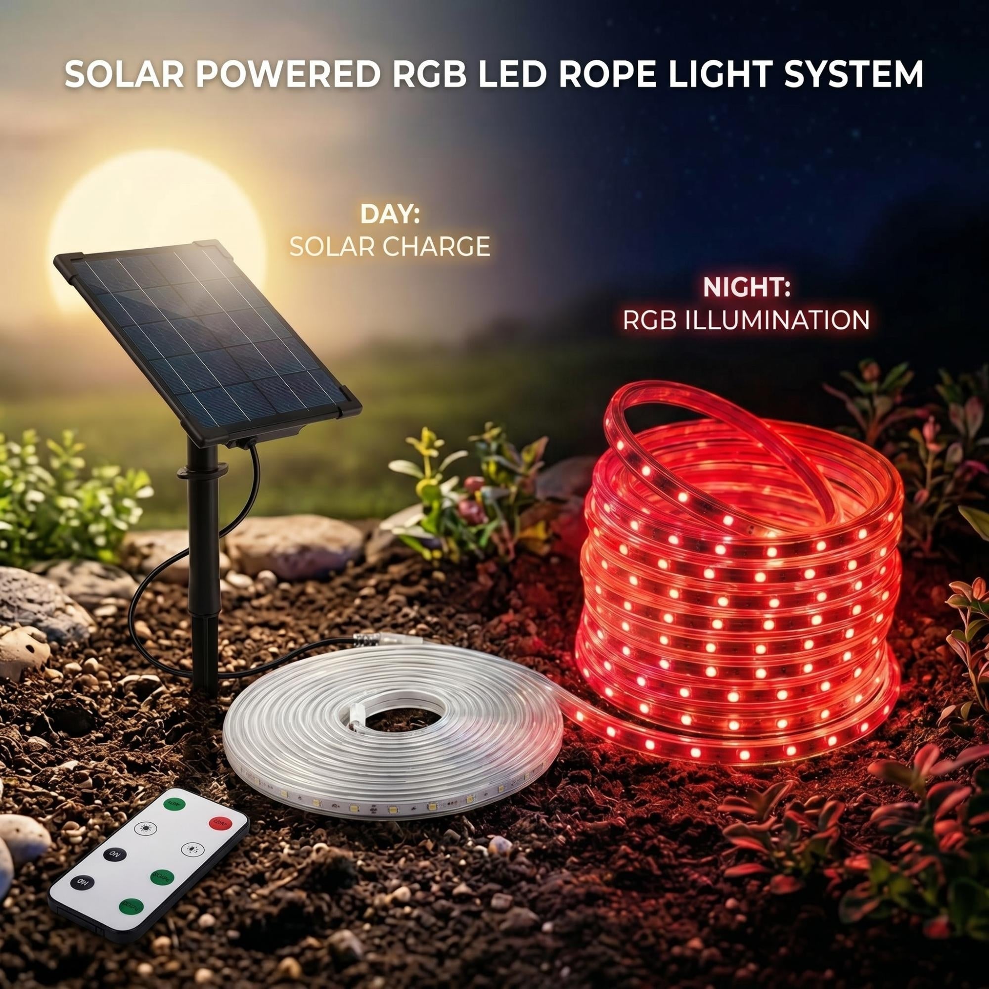 Tira LED solar exterior con mando 40W - 10 metros - IP65 - Disponible RGB y 2700K