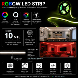 Tira LED COB 24V DC - RGBCW - 19W/m - 12mm - IP20 - Rollo de 10 metros - Corte 33mm (1)