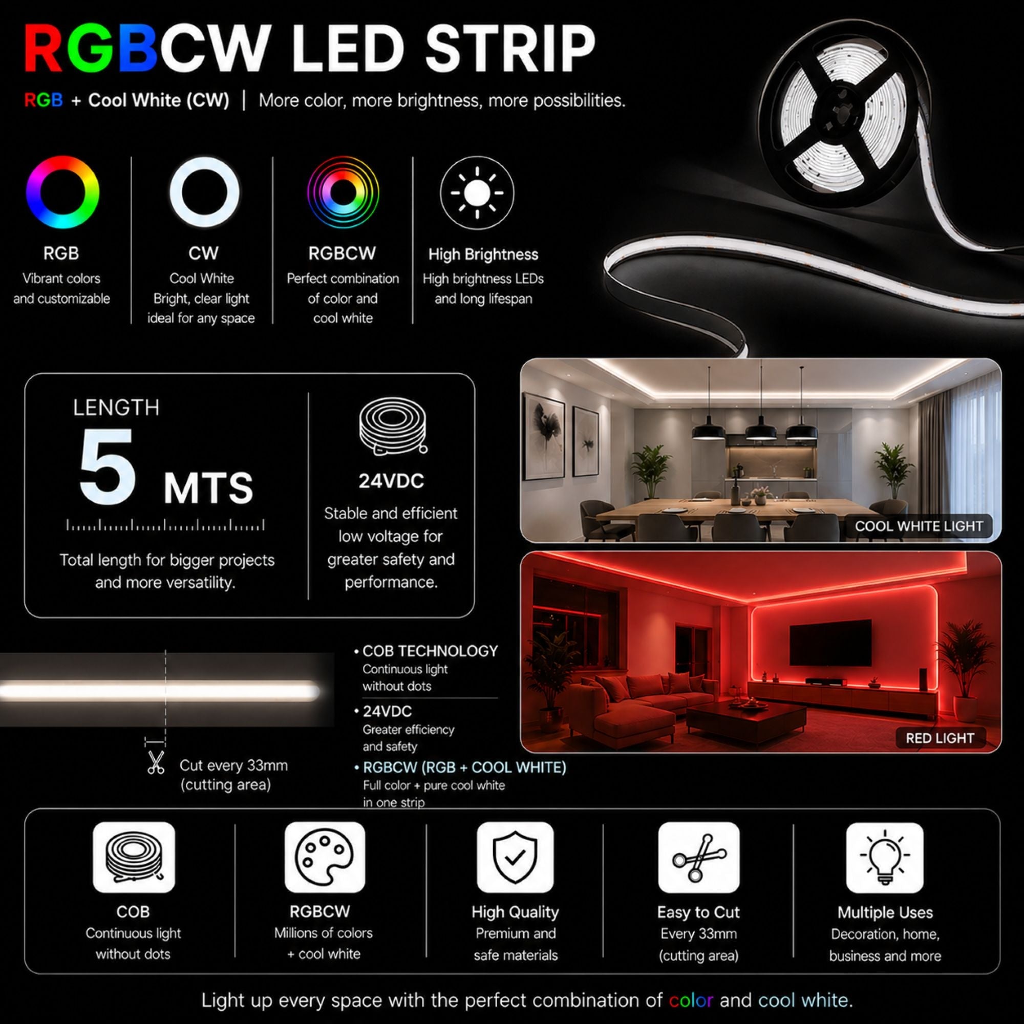 Tira LED COB 24V DC - RGBCW - 19W/m - 12mm - IP20 - Rollo de 5 metros - Corte 33mm (1)