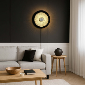 Aplique de pared de fibra natural Rafia "HALLIE" - E27 - Interruptor y enchufe