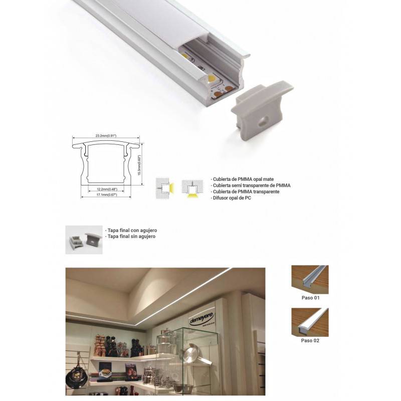 Perfil de aluminio para tira led de superficie, especial Pared wall  48,3*18mm (2mts)