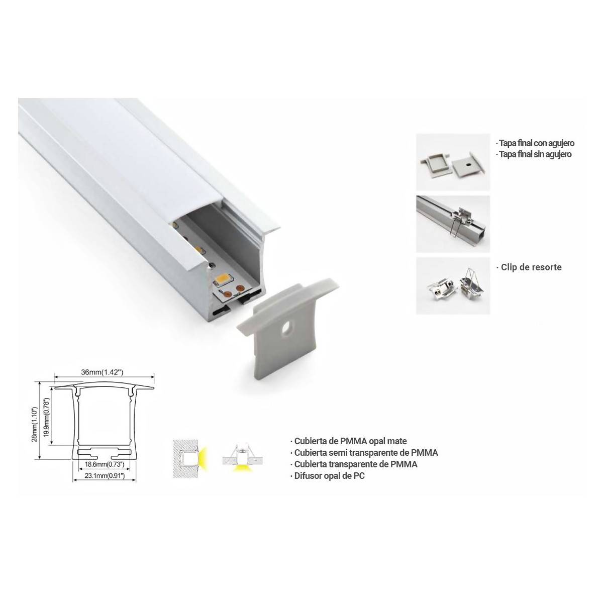 Perfil empotrado para tira LED para pared y techo 36x28mm