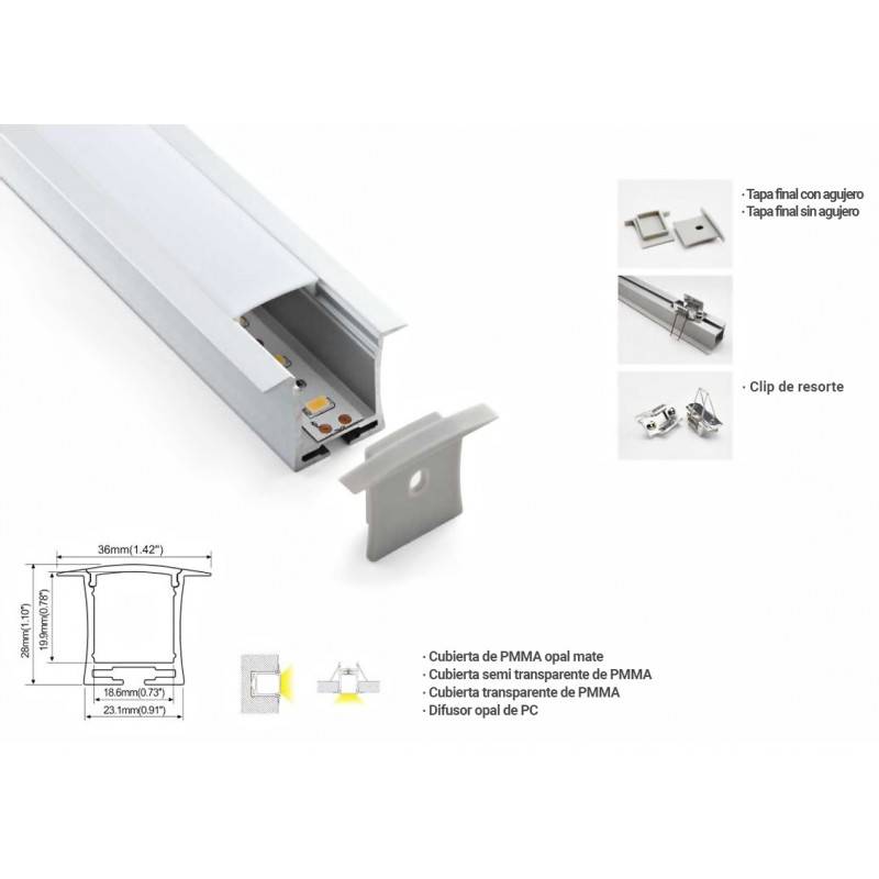 Perfil empotrado para tira LED para pared y techo 36x28mm