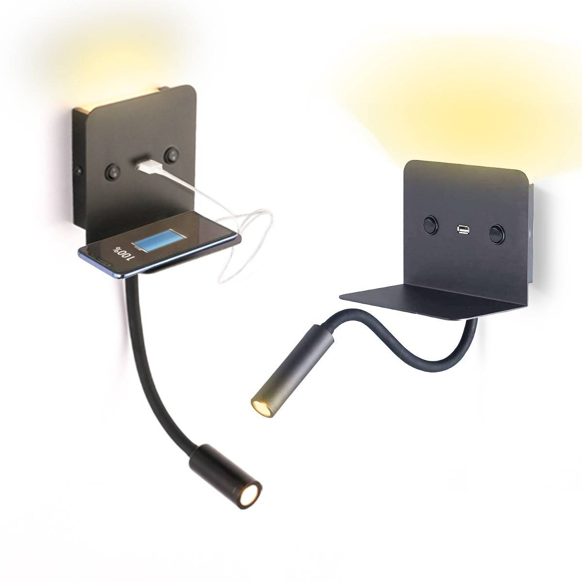 Aplique de pared LED para lectura "SLANGE" 3W orientable y base de carga USB