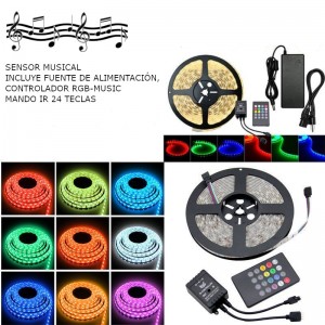 KIT TIRA LED MUSICAL 5M RGB, FUENTE DE ALIMENTACIÓN 12V, CONTROLADOR MUSICAL 24 TECLAS