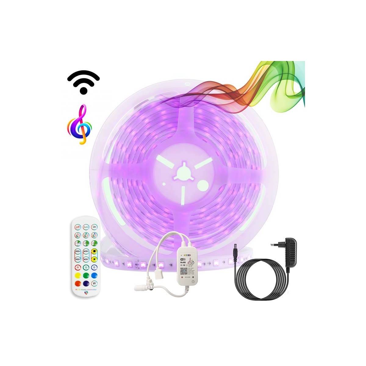 Kit tira LED musical RGB WiFi Alexa/Google Home con fuente, mando y controlador