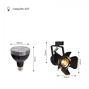 Pack Foco de carril trifásico orientable "CINEMA" con Bombilla LED PAR30 E27