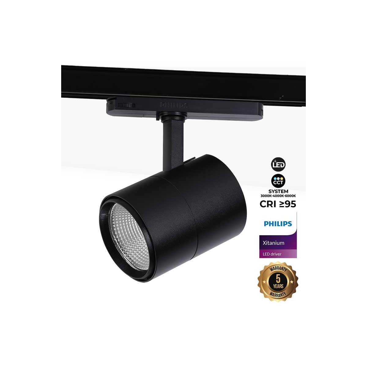 Foco LED para carril trifásico CCT 42W - CRI 95 - Driver Philips Xitanium integrado