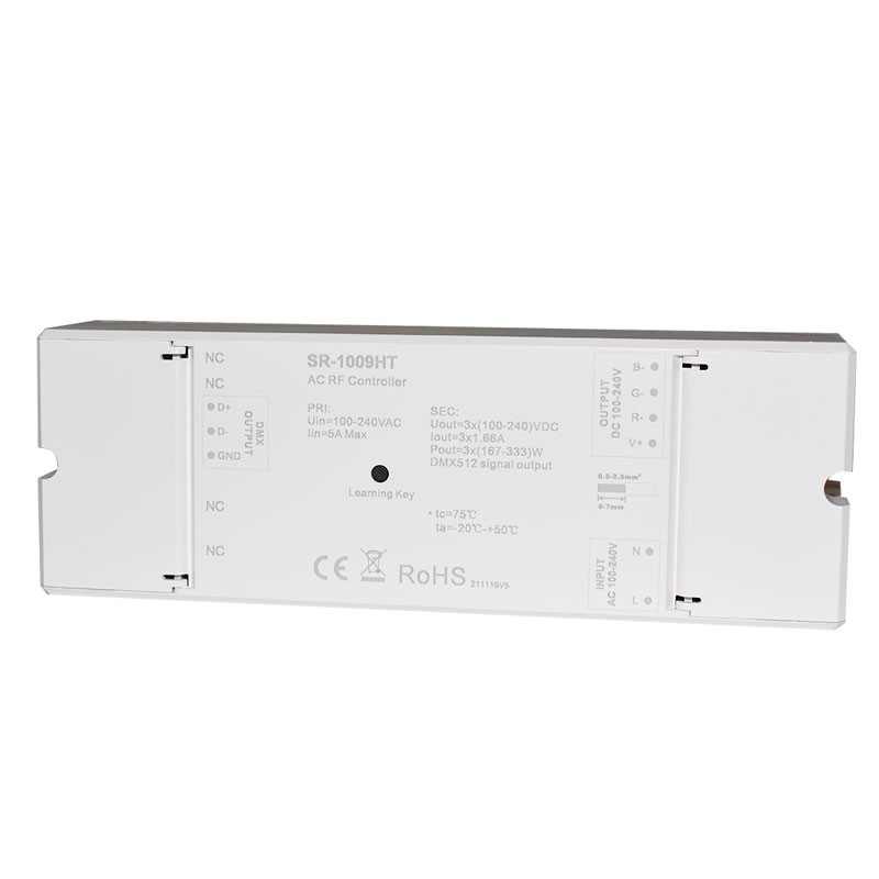 Controlador RGB 230V (3 Canales, 1.6A/Canal) Receptor RF/DMX