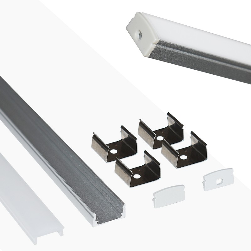 Perfil de aluminio de superficie para tira LED con difusor - 4 grapas - 2  tapas - 17x8mm - 2 metros