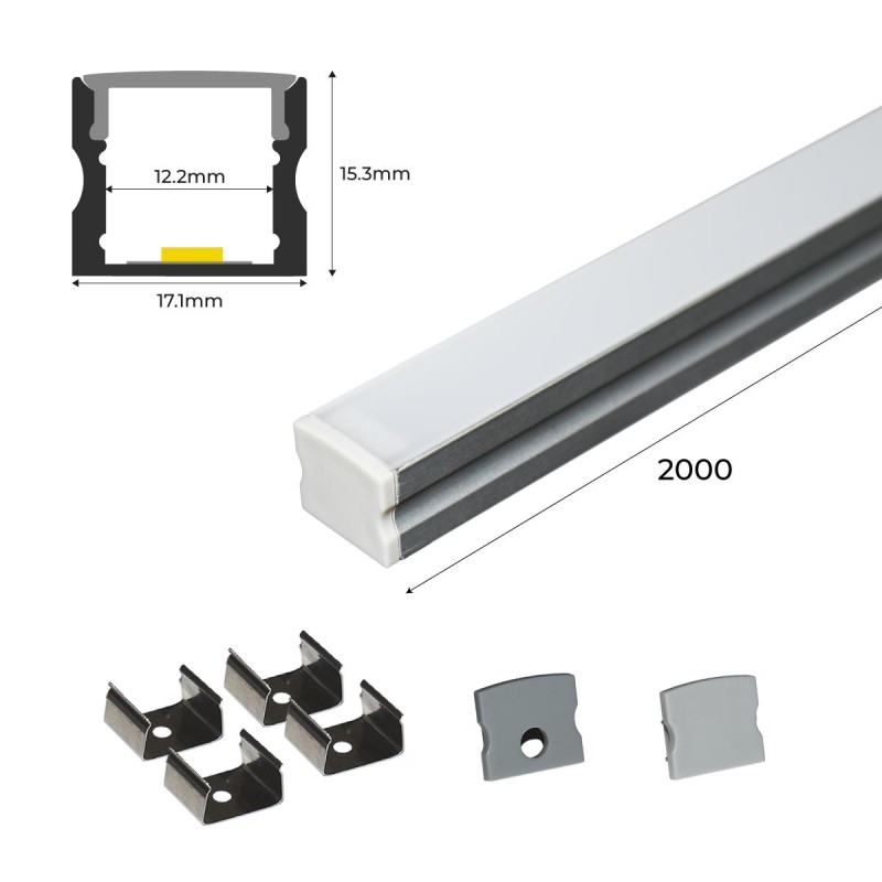 Perfil de aluminio esquinero para tira LED con difusor - 4 grapas - 2 tapas  - 16x16mm - 2 metros