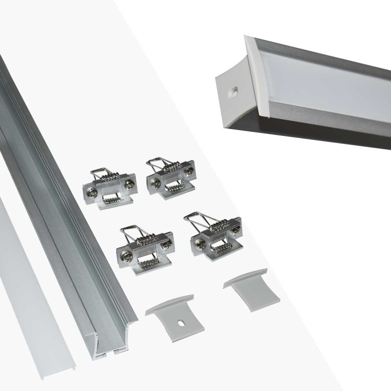 Perfil de aluminio empotrable para tira LED con difusor- 4 grapas