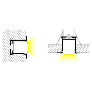 Perfil de aluminio empotrable para tira LED con difusor- 4 clips - 2 tapas  - 36x28mm - 2 metros