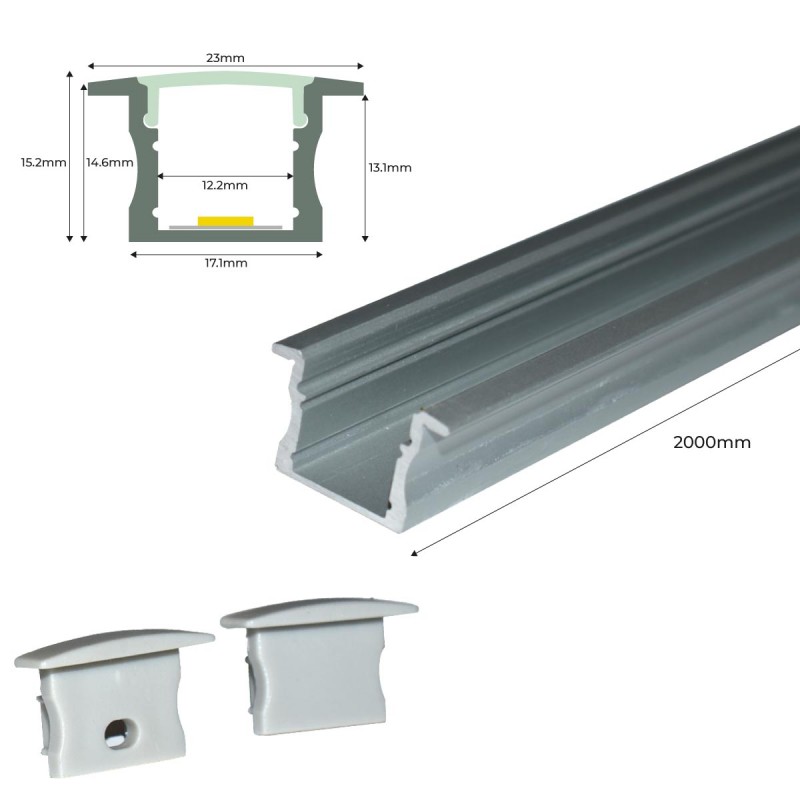 Perfil de aluminio empotrable para tira LED con difusor - 2 tapas - 23x15mm  - 2 metros
