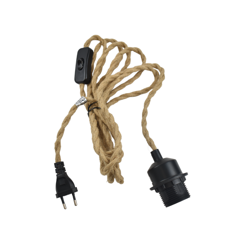 Casquillo E27 con cable de yute trenzado, interruptor y enchufe