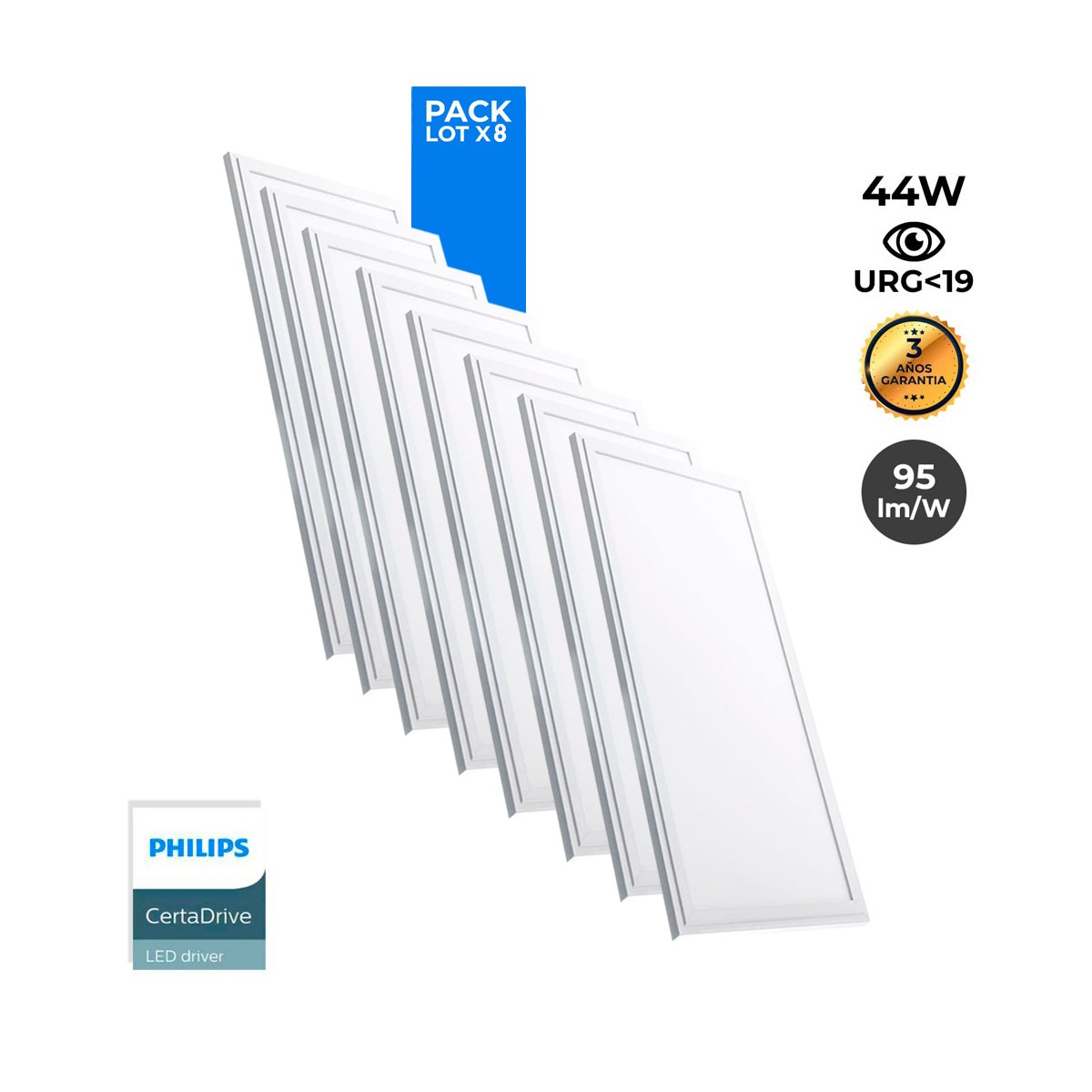 Pack de 8 paneles LED slim 120X30 cm -  Driver Philips - 44W - UGR19