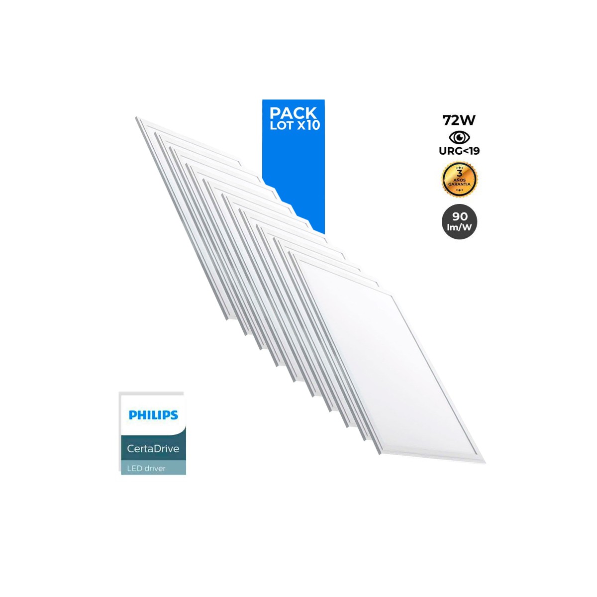 Pack de 10 paneles LED slim 120X60cm - Driver PHILIPS - 72W - UGR19