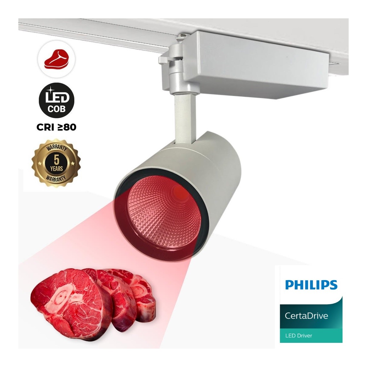 Foco LED para carril monofásico especial para carnicerías - Driver integrado Philips Xitanium  - LED COB - 40W -