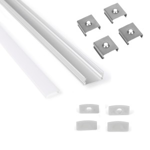 Perfil de aluminio de superficie con difusor, 4 tapas y 4 grapas - Tira LED hasta 12 mm - 2 metros