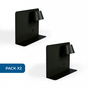 Pack x 2 - Aplique de pared para lectura con puerto USB "BASKOP" - 6W - Diseño horizontal - Negro