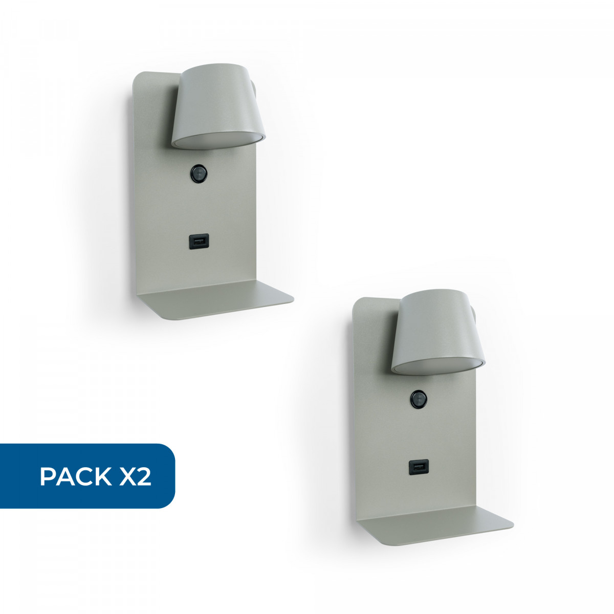 Pack x 2 - Aplique de pared para lectura con puerto USB "BASKOP" - 6W - Diseño vertical - Gris