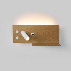 Aplique de pared LED para lectura con USB "Turin" - Iluminación doble - 3W+7W - Madera