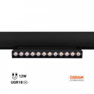 Foco lineal orientable para carril magnético 48V- 12W - 2800K - Chip OSRAM - UGR18 - Negro