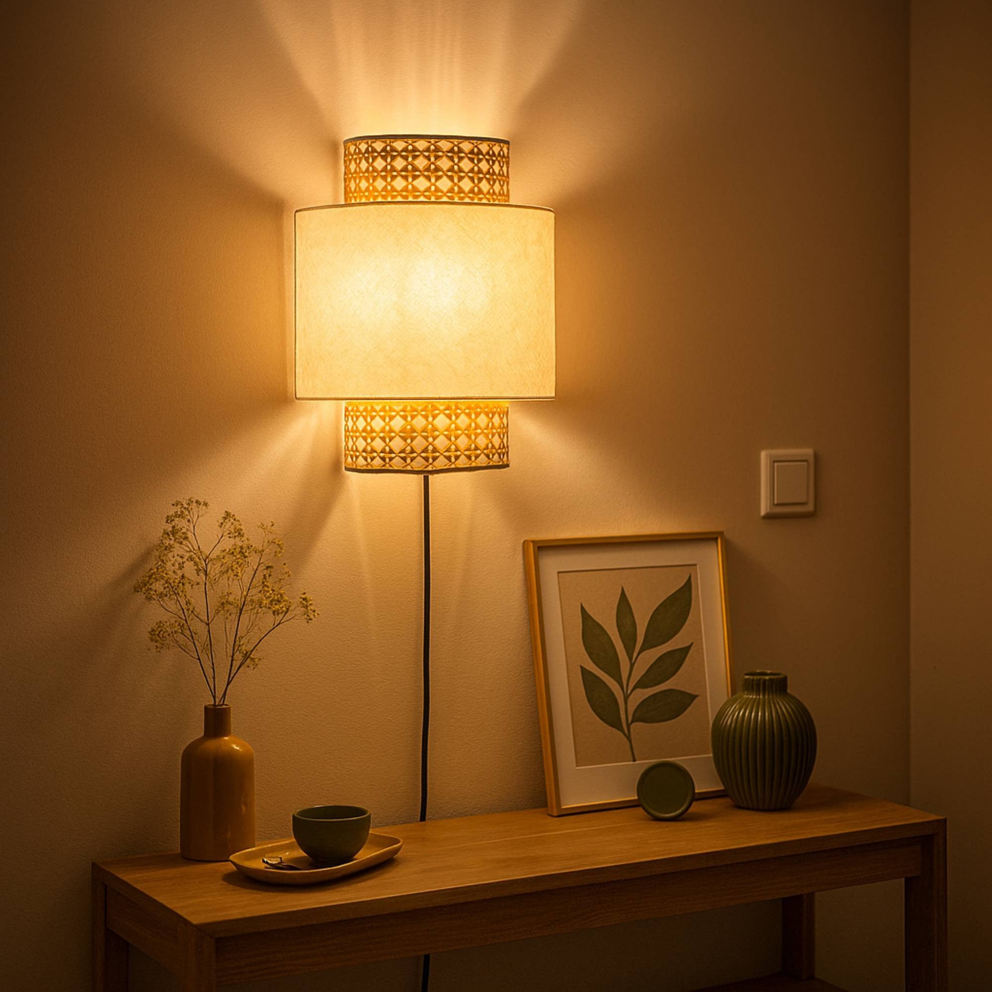 Aplique de pared de mimbre y tela "HANS" - E27 - Interruptor y enchufe (1)