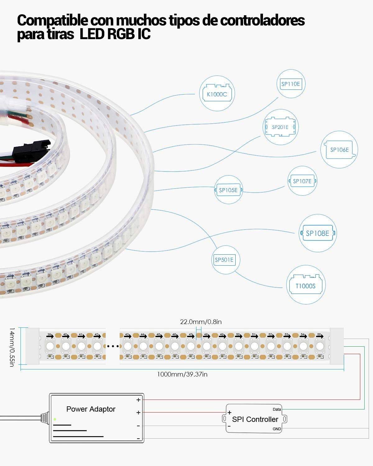 Tira LED inteligente IC RGB 5V DC - IP20 - 21,6W/m - 144 LED/m - Ancho 12mm - 2 metros (1)