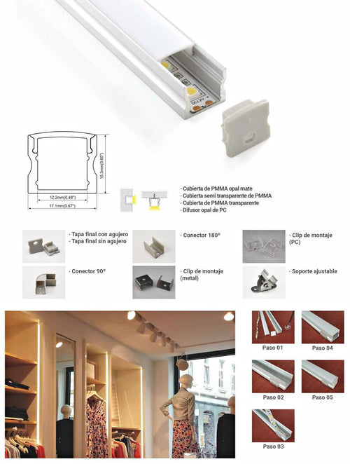 Profilo in alluminio per striscia LED superficie 17x15mm per striscia LED (2 metri)