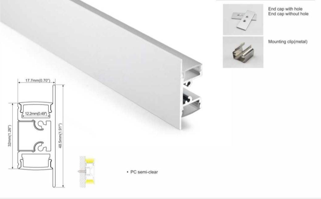 Perfil de aluminio para tira LED superficie - Bañador arriba/abajo - 18x49mm - 2 metros