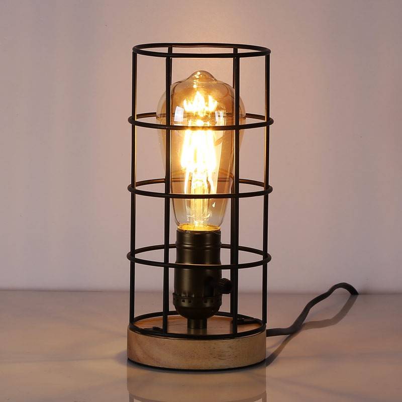 Lámpara vintage de mesa de estilo industrial madera y rejilla "GREGOR" (2)