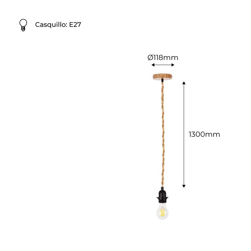 Lámpara colgante de madera y cuerda para bombilla E27 130cm (7)