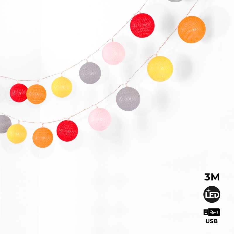 Guirnalda LED bolas de algodón 20 Bolas con USB 3m-IP44-4cm